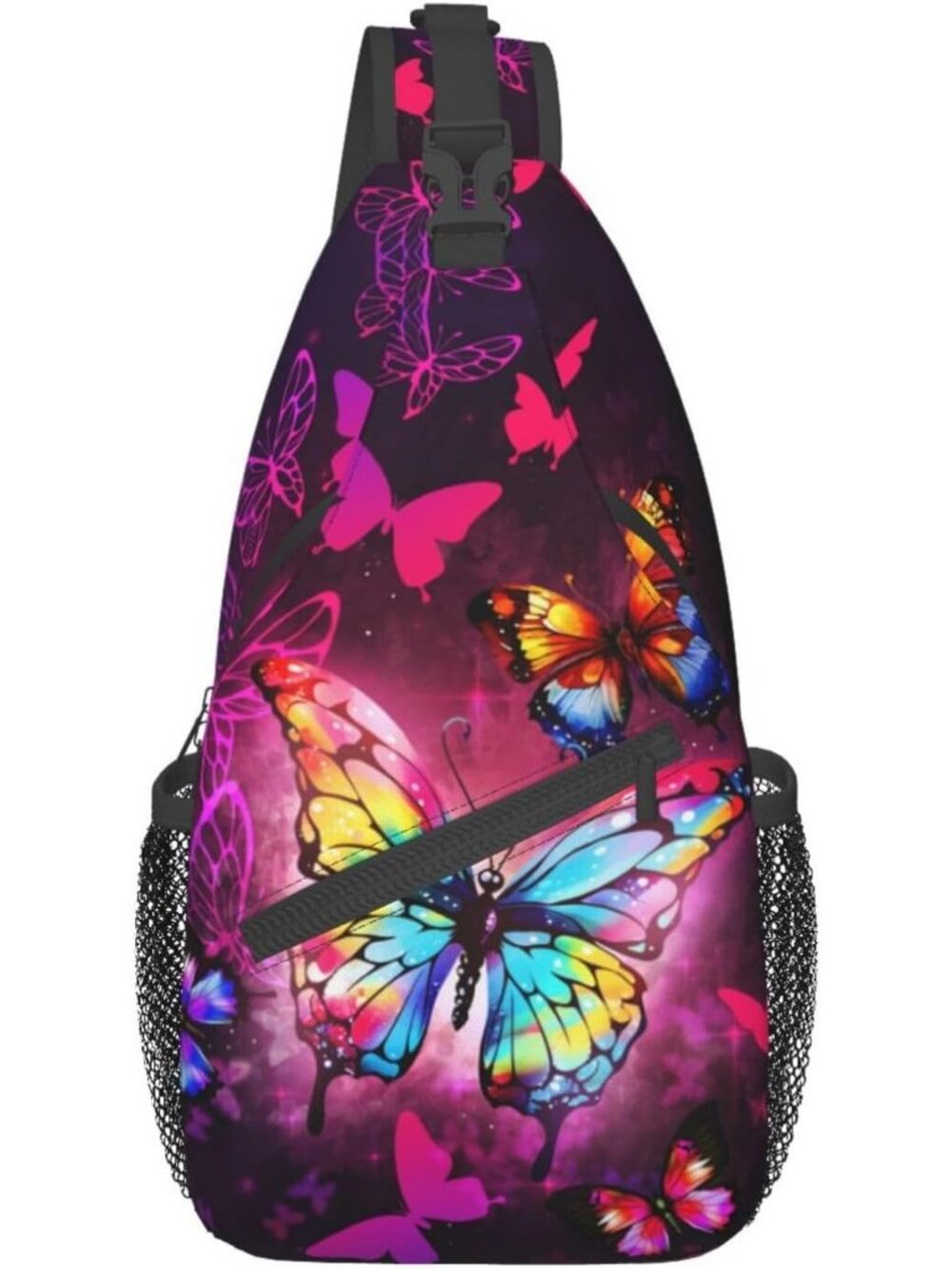 Unisex Purple Butterfly Sling Backpack Hiking Chest Shoulder Crossbody Bag